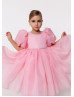 Puff Sleeves Organza Flower Girl Dress With Beaded Sash